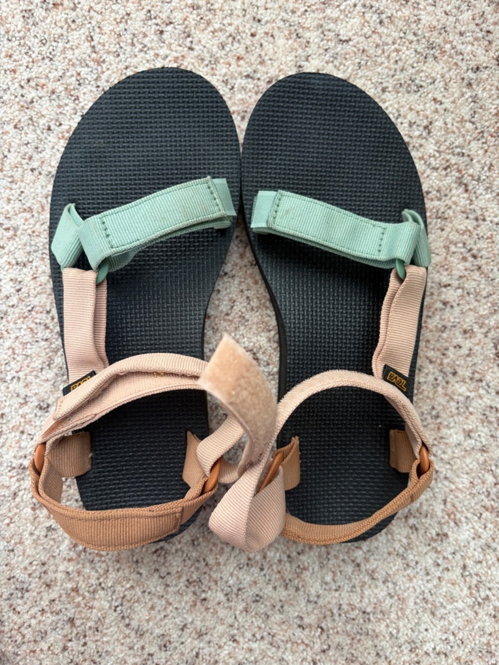 Teva Black Sandals with Green and Tan Straps